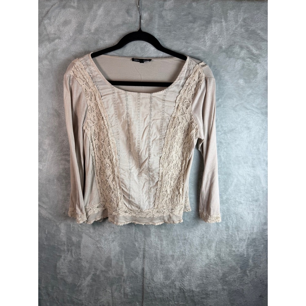 CABLE & GAUGE Blouse Womens M Beige Lace Cotton Viscose Boho Peasant Top